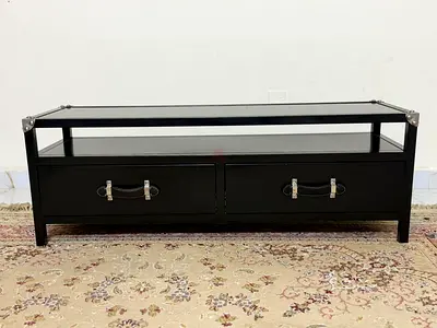 Black Low TV Stand / Media Console with Drawers and Glass Shelf