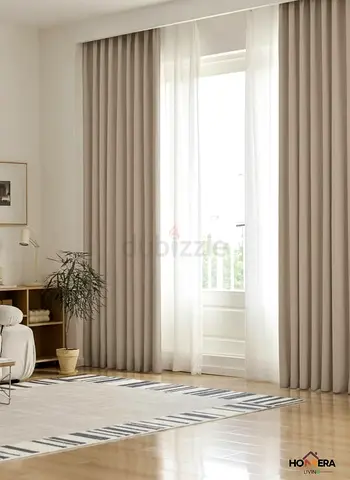Beige blackout curtains with sheer white liners - set of panels