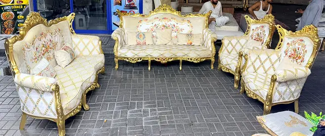 Ornate Gold-Framed 3+2+1+1-Piece Sofa Set with Floral Upholstery