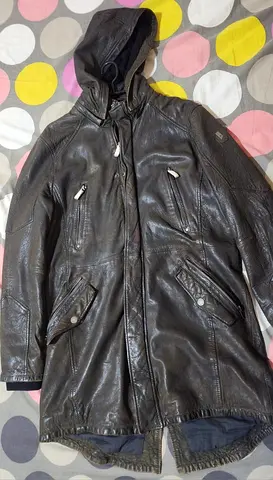 Men's long black leather hooded coat - size medium (used)