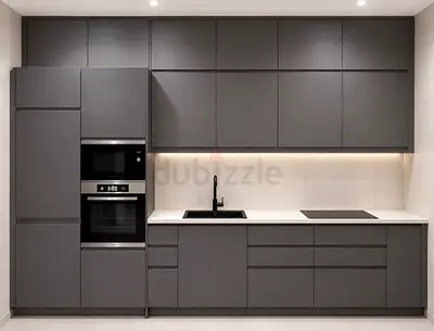 Modern matte grey modular kitchen cabinets and built-in appliances