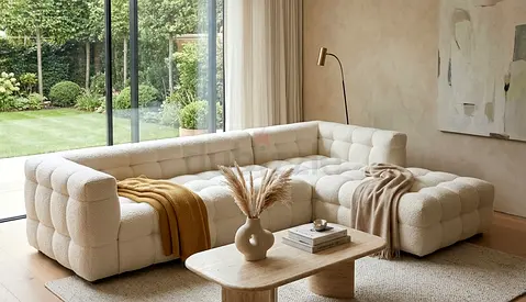 Modern L-shaped Bouclé Sectional Sofa - Cream, Left Corner