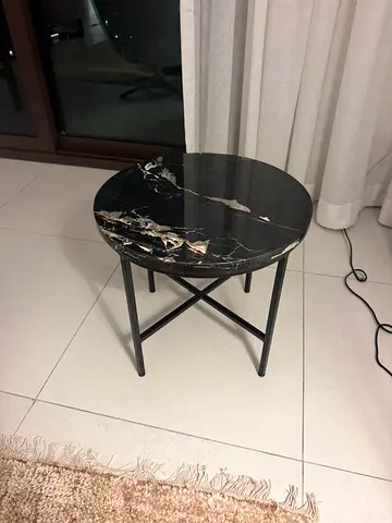CB2, Small round black marble side table with metal legs