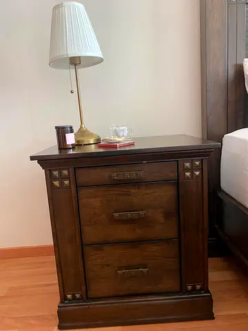 Solid Wood Nightstand with Three Drawers - Dark Brown &king bed