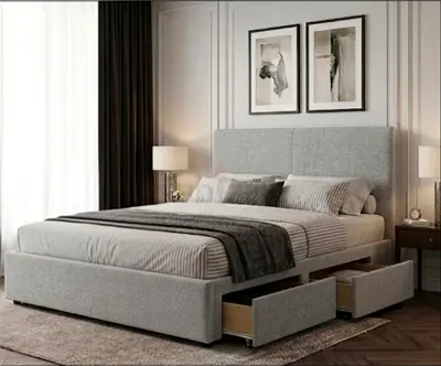 Grey Fabric Storage Bed with Headboard and Under-bed Drawers