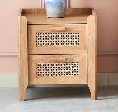 Modern Wooden Nightstand with Rattan Detail