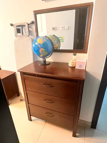 Wooden Bed with mattress and Dresser and Mirror and 2 side tables - Good Condition