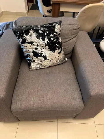 Gray Fabric Armchair with Decorative Sequin Cushion