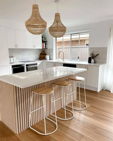 White Kitchen Island with Wooden Slatted Base