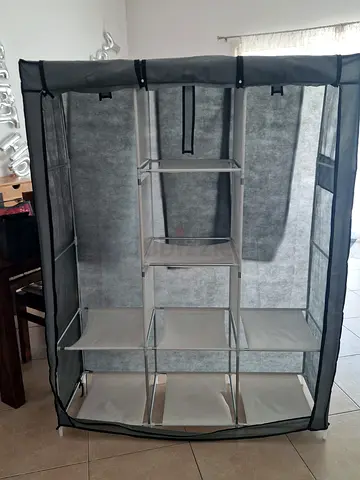 Portable Fabric Wardrobe with Shelves and Zip Cover - Grey