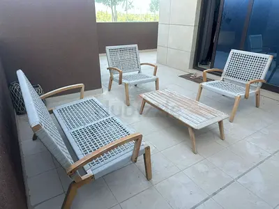 Outdoor Teak Frame Patio Sofa Set with 2 Chairs and Coffee Table
