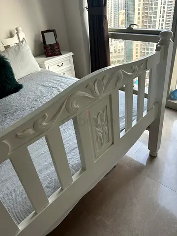 White Wooden QS Bed Frame with Carved Headboards, mattress, 2 matching bedside tables & tall boy.