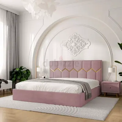 Queen Size Pink Upholstered Bed with Padded Headboard