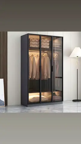 Modern 3-door Glass Wardrobe / Armoire - Dark Frame, LED Interior
