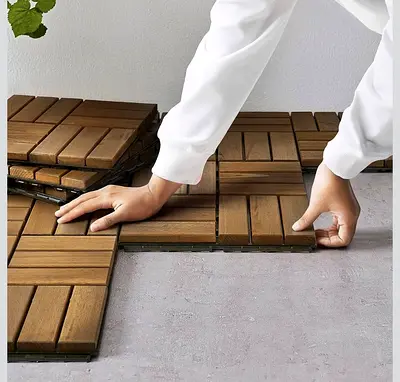 IKEA RUNNEN Interlocking Wood Decking 90 Tiles in 10 pacs. 30x30 cm per tile Teak Finish