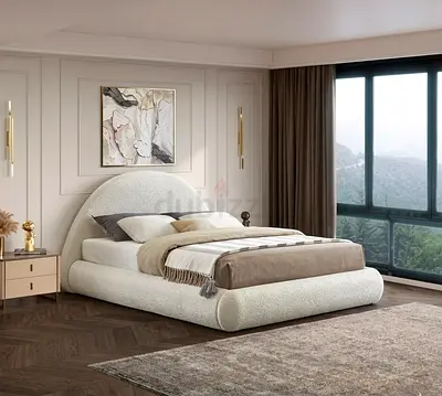Serene White Rounded Headboard Bouclé Fabric Bed