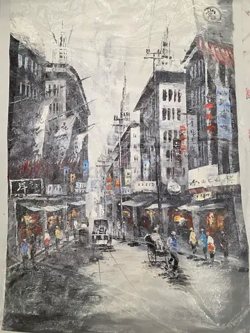 Shanghai Dreams- Old Shang market . Famed City Street Winter Oil Painting (Wrapped) - Vintage Style