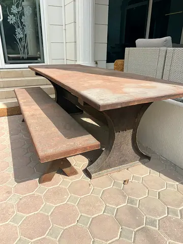 Outdoor Table & Benches in solid iron, industrial rust aesthetic