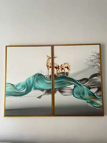 Set of 2 Abstract Green Wave Canvas Prints - Modern Living Room Art (H-93cm * W-63cm each)