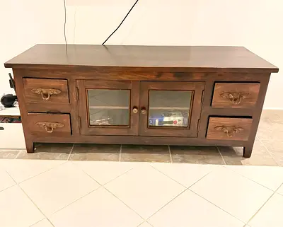 Solid Wood TV Cabinet / Media Console with Glass Doors and Drawers
