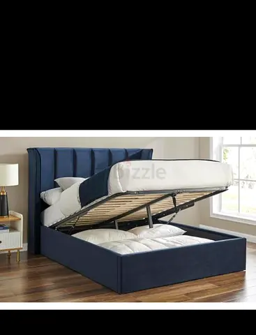 Queen Ottoman Storage Bed with Padded Headboard - Navy Blue