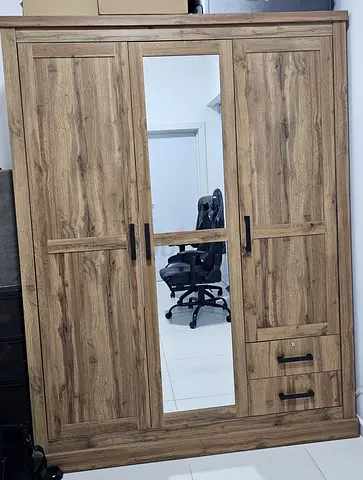3-Door Wooden Wardrobe with Mirror and Drawers - Good Condition