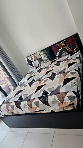 King bed with storage and mattress - modern geometric cover, good condition
