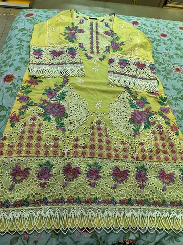 Aneelas 3 piece luxury Yellow Embroidered Lawn fully loaded shirt with chiffon embroidered duppata