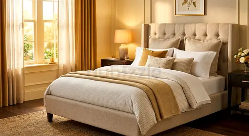 Upholstered King Size Bed with Tufted Headboard - Beige
