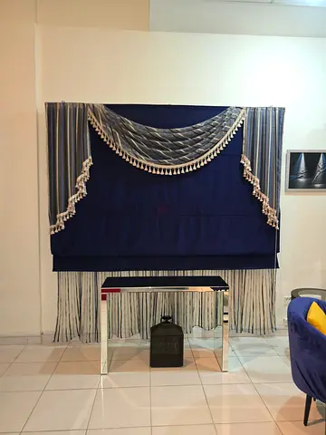 Navy Blue Decorative Curtains with Valance and Tassel Trim - Good Condition