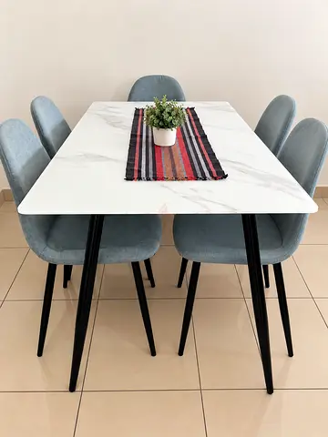 4-piece dining set with faux marble top table and 4 ash grey upholstered chairs Price is negotiable