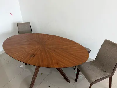 Oval Wooden Dining Table with 2 Fabric Chairs and long seater Good Condition