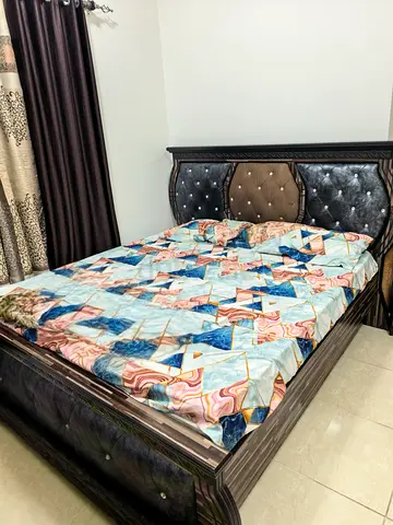 King Size Upholstered Bed Frame & Headboard with side table and vanity dresser