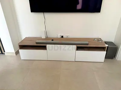 Modern low TV entertainment cabinet - white & wood finish