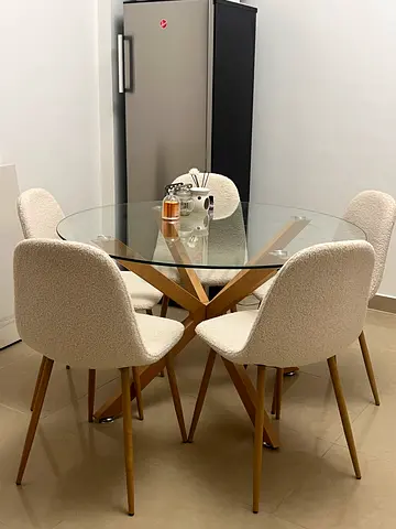 Round Glass Dining Table with 5 Beige Bouclé Chairs(ExcellentCondition) (Price negotiable for seriou