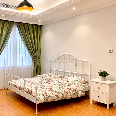 White Metal Double Bed Frame with Floral Mattress And bed stand