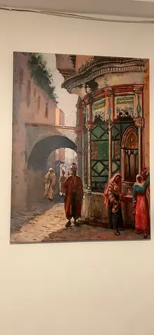 Vintage Oriental Street Scene Painting on Canvas