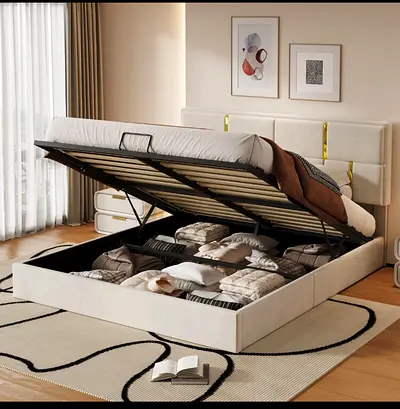 Queen storage bed with hydraulic lift and upholstered headboard - beige