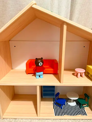 Wooden Dollhouse with Furniture and Bear Figure