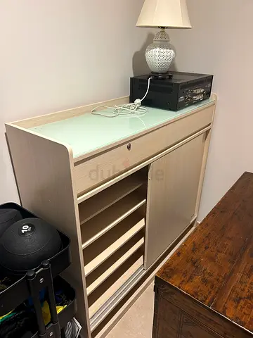 Light wood shoe cabinet with sliding doors, drawers and frosted glass top - great condition