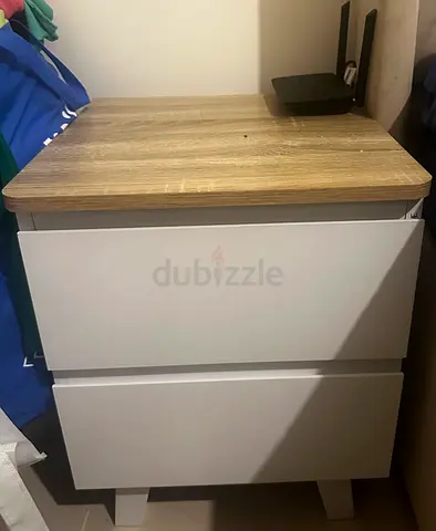 Compact 2-Drawer Nightstand / Bedside Table - White with Wood Top