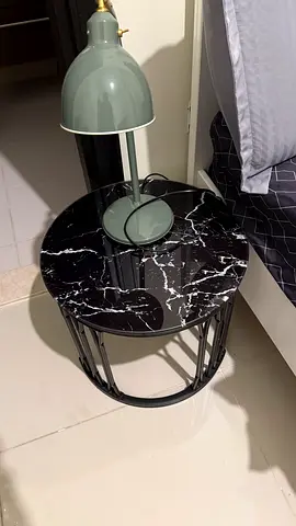 Round Black Marble Table with bed lamp