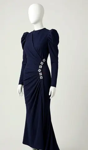 Navy Long Sleeve Ruched Evening Gown with V shaped neck, Size - small to medium