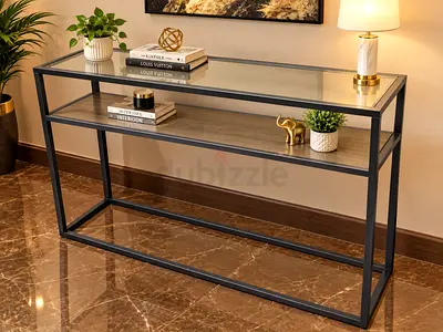 Crate and barrel Slim Modern Console Table with Glass Top and Shelving