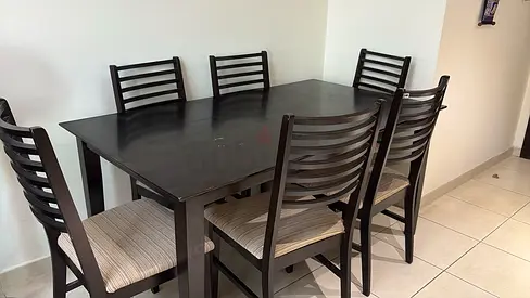 Dark Wood 6-Seater Dining Table with Upholstered Chairs - Good Condition