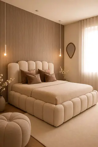 Beige Upholstered Platform Bed with Padded Headboard (Modern, Queen/King)