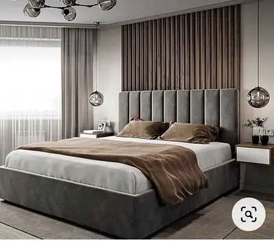 Modern Grey Upholstered Bed with Tall Vertical Channel Headboard