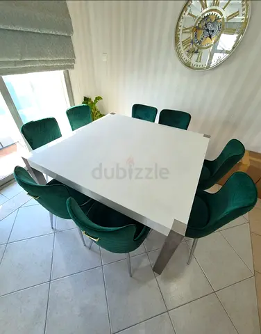 8 Seater Square Dining Table with 8 Brand New Green Velvet Chairs - Excellent Condition