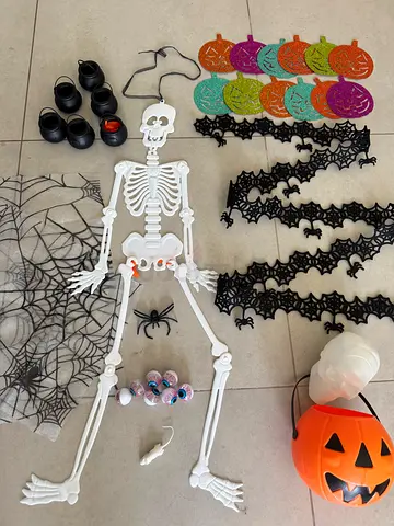 Halloween decorations bundle - skeleton, pumpkin buckets, spiderwebs and more