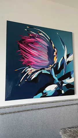 Large Framed Floral Wall Art Canvas - Blue/Pink Protea Painting.